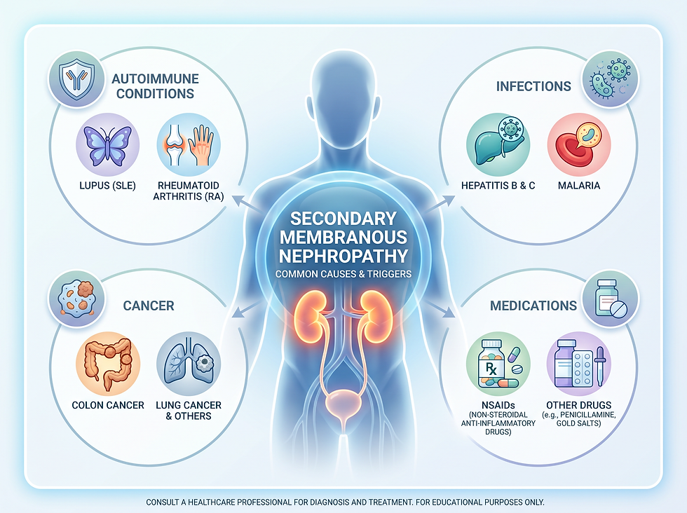 Infographic of common causes and triggers of secondary membranous nephropathy: autoimmune conditions such as lupus and rheumatoid arthritis, infections such as hepatitis B and C and malaria, cancers such as colon and lung cancer, and medications such as NSAIDs, penicillamine, and gold salts.
