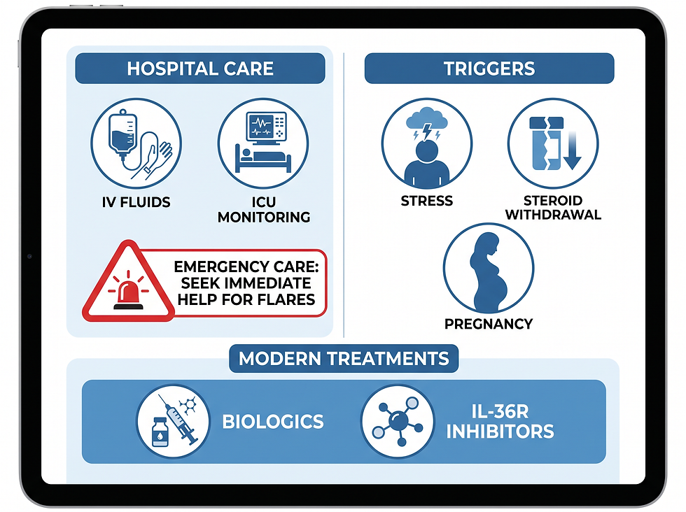 GPP treatment and triggers: hospital care with IV fluids and ICU monitoring, common triggers, and modern biologic and IL-36R inhibitor treatments
