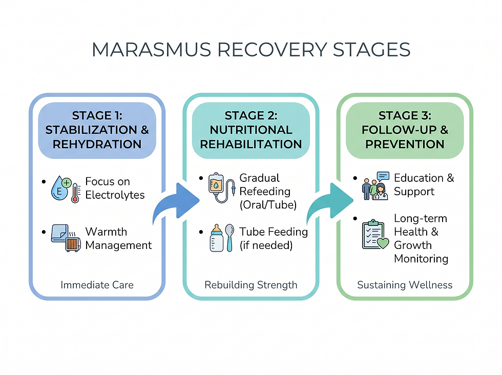 A medical flowchart outlining the three stages of marasmus recovery: initial stabilization and rehydration, followed by slow nutritional rehabilitation, and ending with long-term prevention and education.