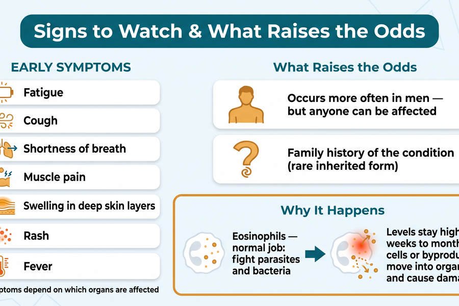 Signs to watch for and risk factors for hypereosinophilic syndrome: seven early symptoms, risk-factor cards, and a two-step mechanism panel explaining why prolonged high eosinophils damage organs.
