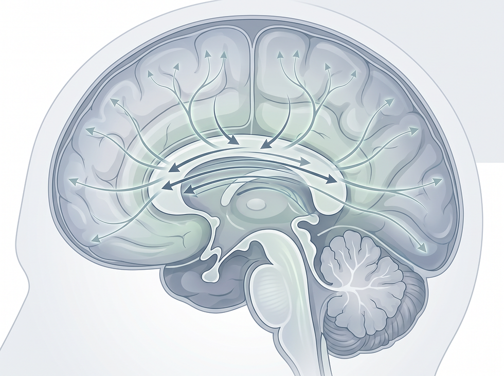 Nerve signals crossing the corpus callosum bridge between the left and right hemispheres of the brain