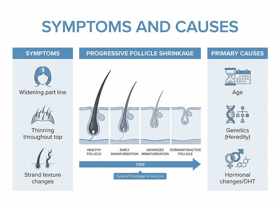 Medical illustration showing the symptoms of widening hair parts and the primary causes including age, genetics, and the DHT hormone