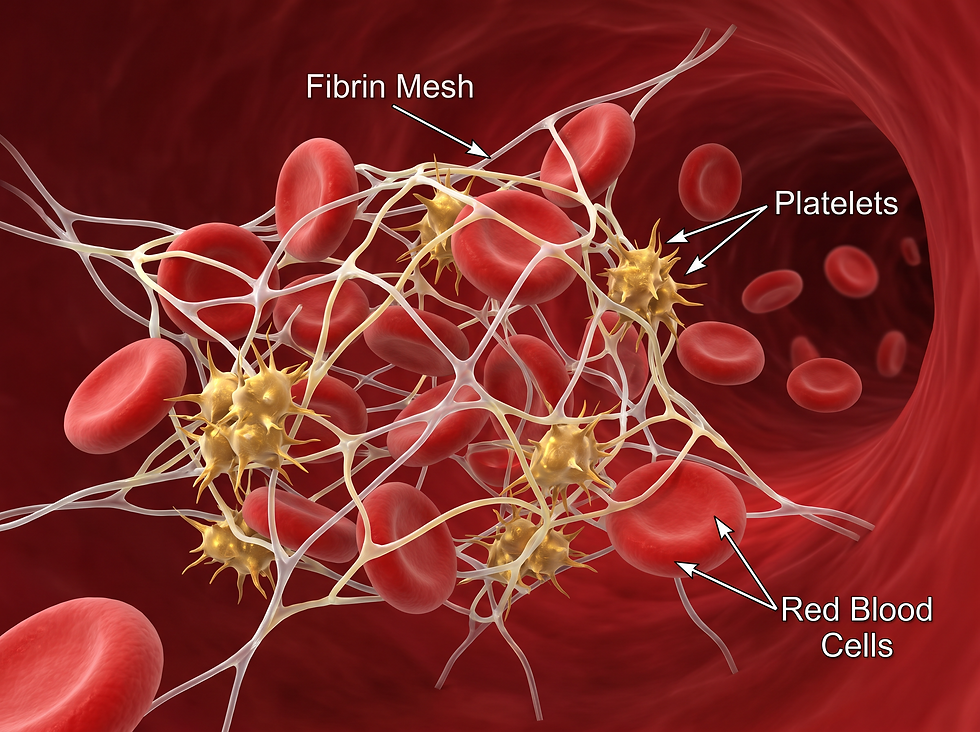 Microscopic View of Fibrin Clot Mesh Trapping Blood Cells