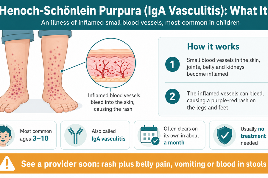 What henoch-schönlein purpura is: inflamed small blood vessels cause a purple-red rash on the legs and feet, most common in children ages 3-10
