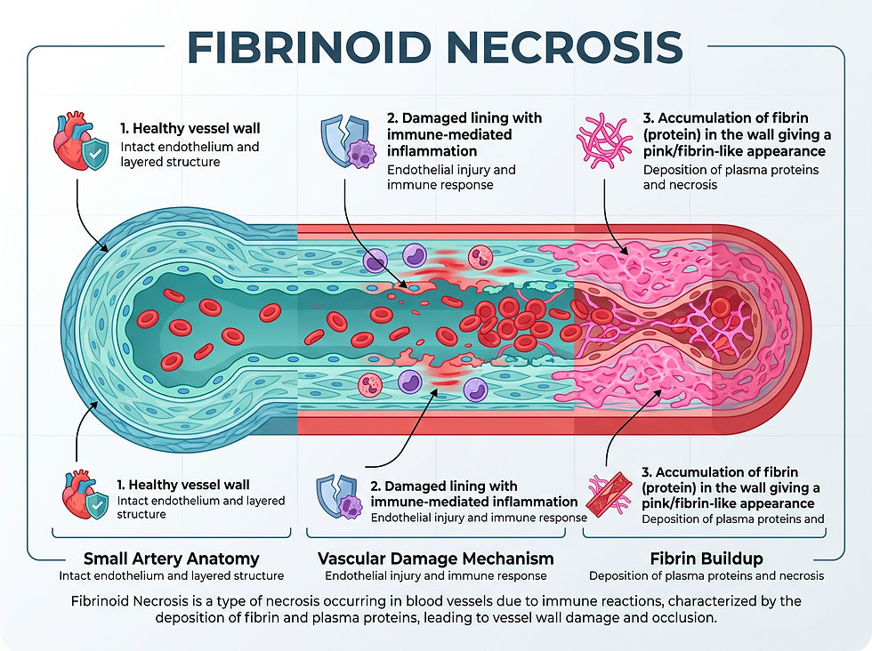 Fibrinoid necrosis: how a healthy small artery wall is damaged and fills with fibrin