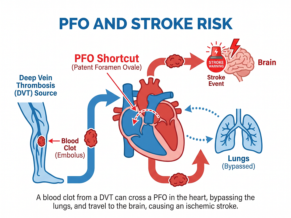 A medical infographic titled PFO and Stroke Risk, showing a blood clot (embolus) traveling from a leg vein (DVT) to the heart, passing through a PFO shortcut, bypassing the lungs, and heading to the brain.