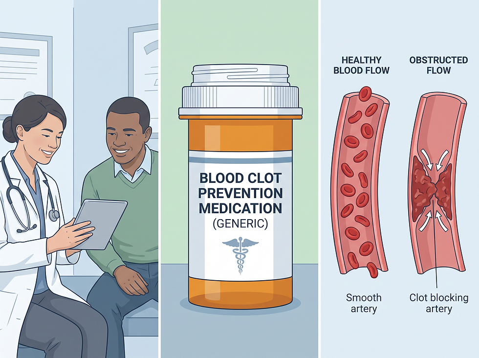 A medical illustration of blood clot prevention and care, including medication and clinical monitoring.