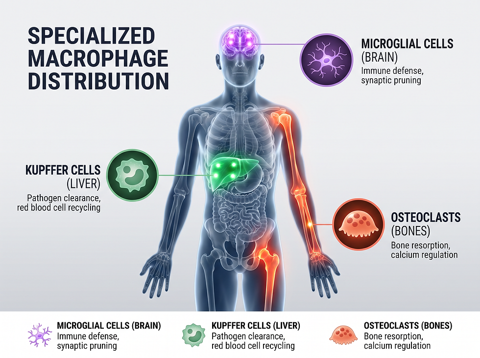 Infographic showing the distribution of specialized macrophages across the human body