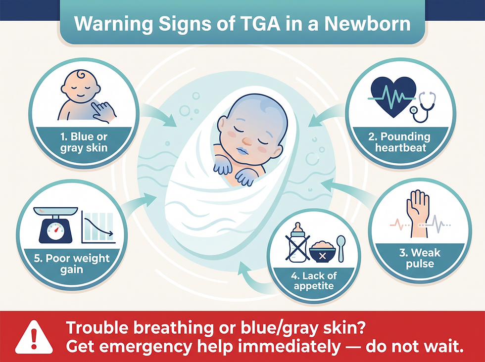 Warning signs of transposition of the great arteries in a newborn — blue or gray skin, pounding heartbeat, weak pulse, poor feeding, and poor weight gain, with the emergency banner for trouble breathing or cyanosis