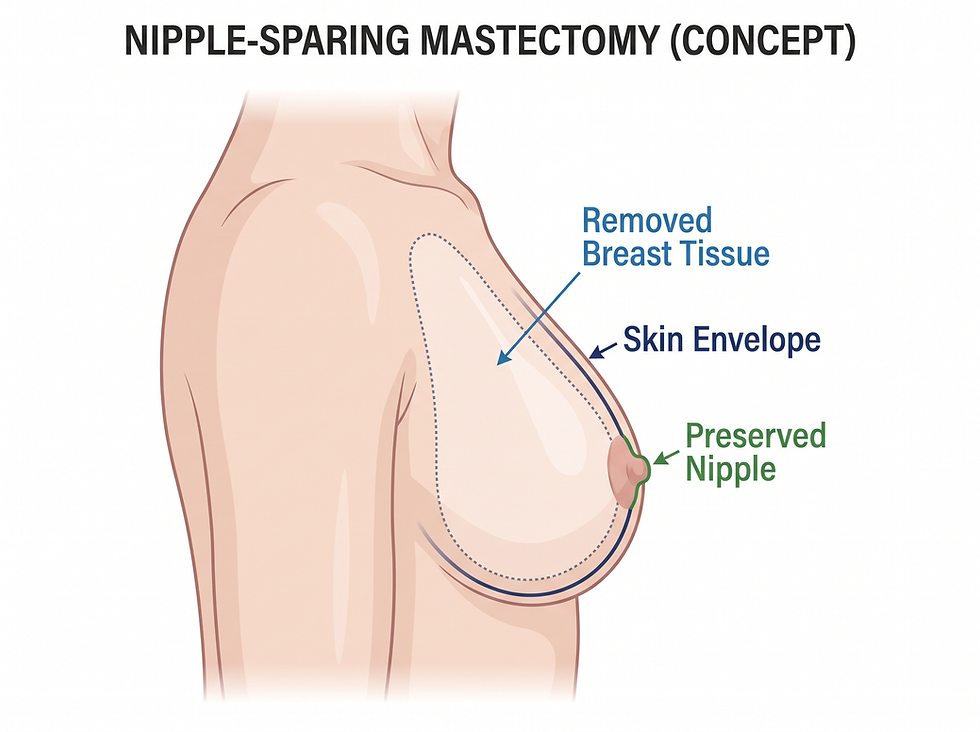 Nipple-sparing mastectomy procedure concept showing removed breast tissue, the skin envelope, and the preserved nipple