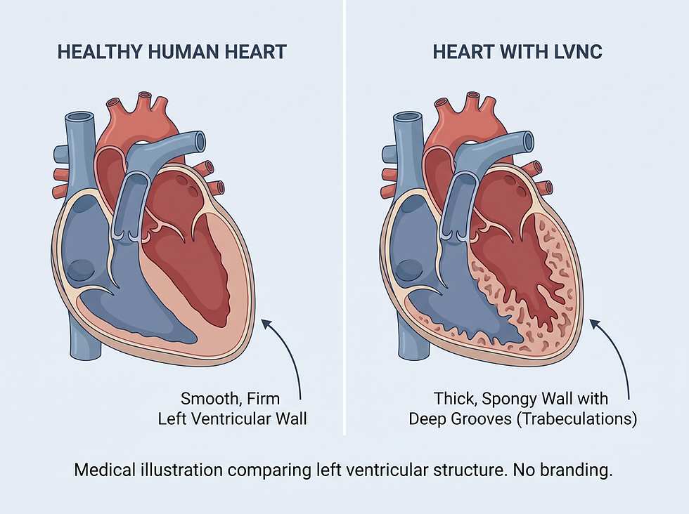 Medical illustration comparing a healthy heart with a heart affected by left ventricular non-compaction (LVNC)