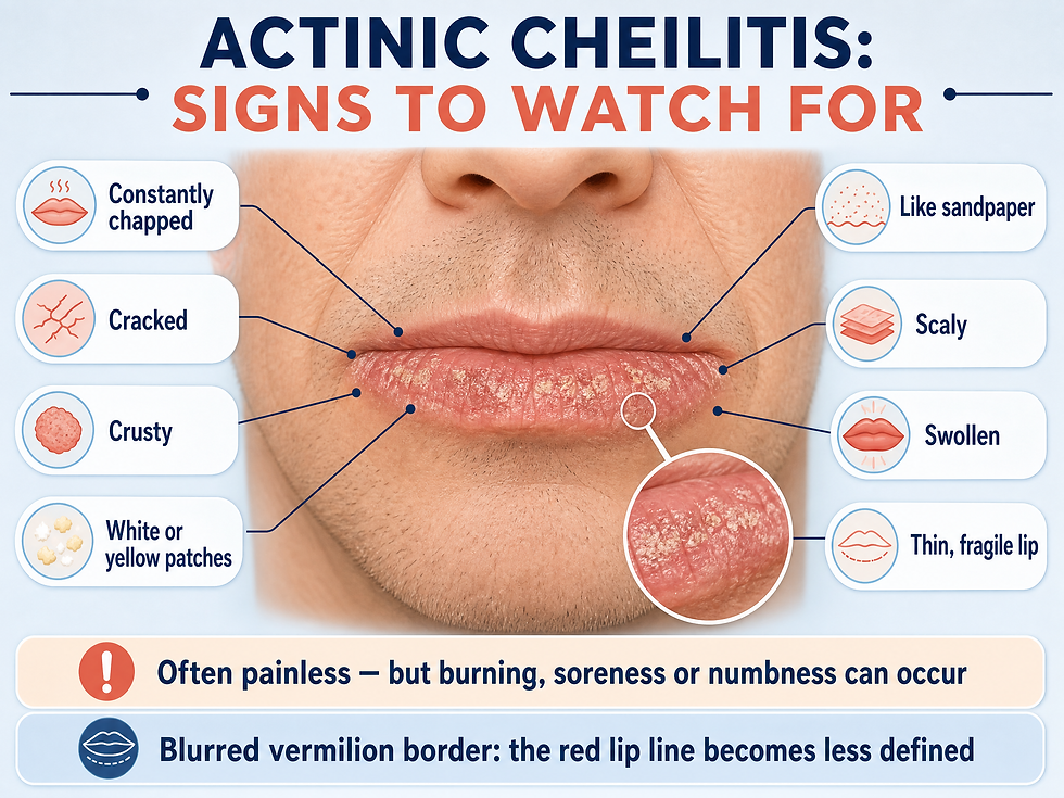 Infographic showing eight signs of actinic cheilitis to watch for on the lower lip: constantly chapped, cracked, crusty, white or yellow patches, sandpaper-like texture, scaly, swollen, and thin or fragile lip, with notes that it is often painless but burning, soreness, or numbness can occur, and that the vermilion border may blur.