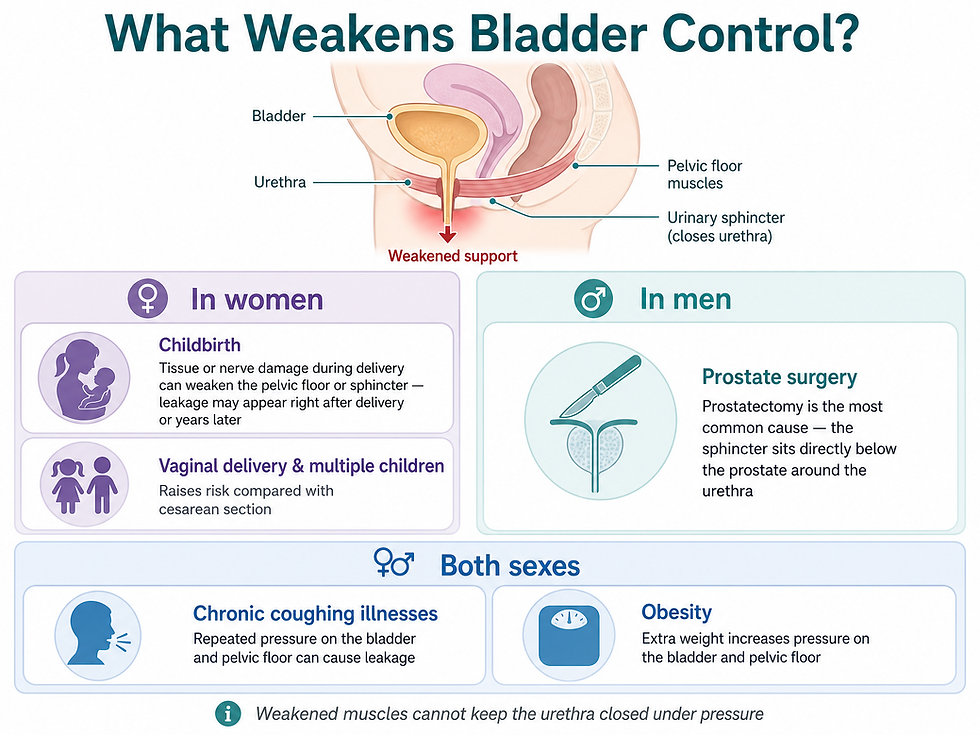 Stress incontinence causes diagram: in women, childbirth and vaginal delivery; in men, prostate surgery; for both sexes, chronic coughing illnesses and obesity