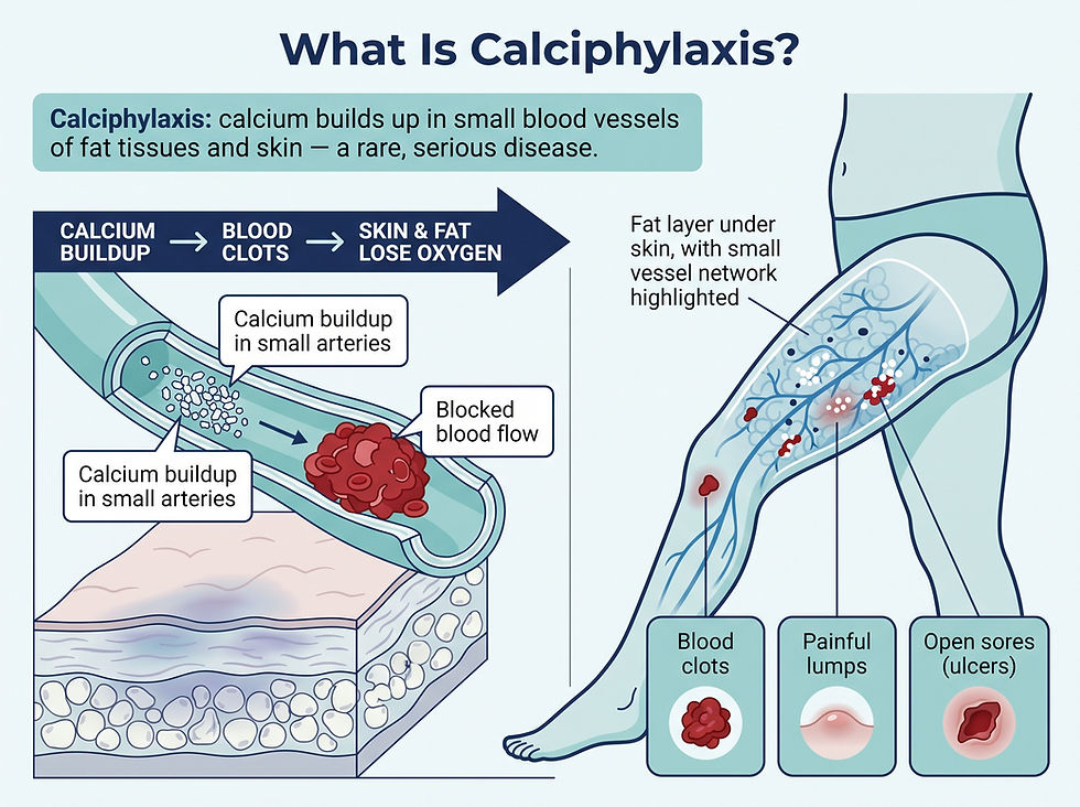 What is calciphylaxis: calcium buildup in small skin blood vessels