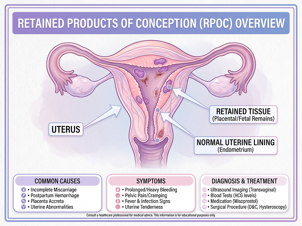 Retained products of conception (RPOC) overview showing retained tissue in the uterus, common causes, symptoms, diagnosis and treatment