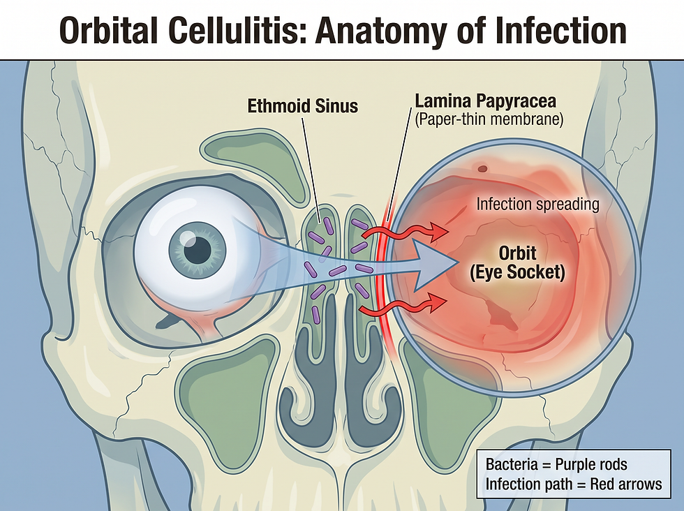 Anatomy of orbital cellulitis: infection spreading from the ethmoid sinus through the lamina papyracea into the orbit