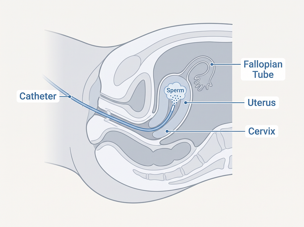 Cross-section diagram of the female pelvis showing a catheter passing through the cervix to place washed sperm inside the uterus, with the fallopian tube labeled.