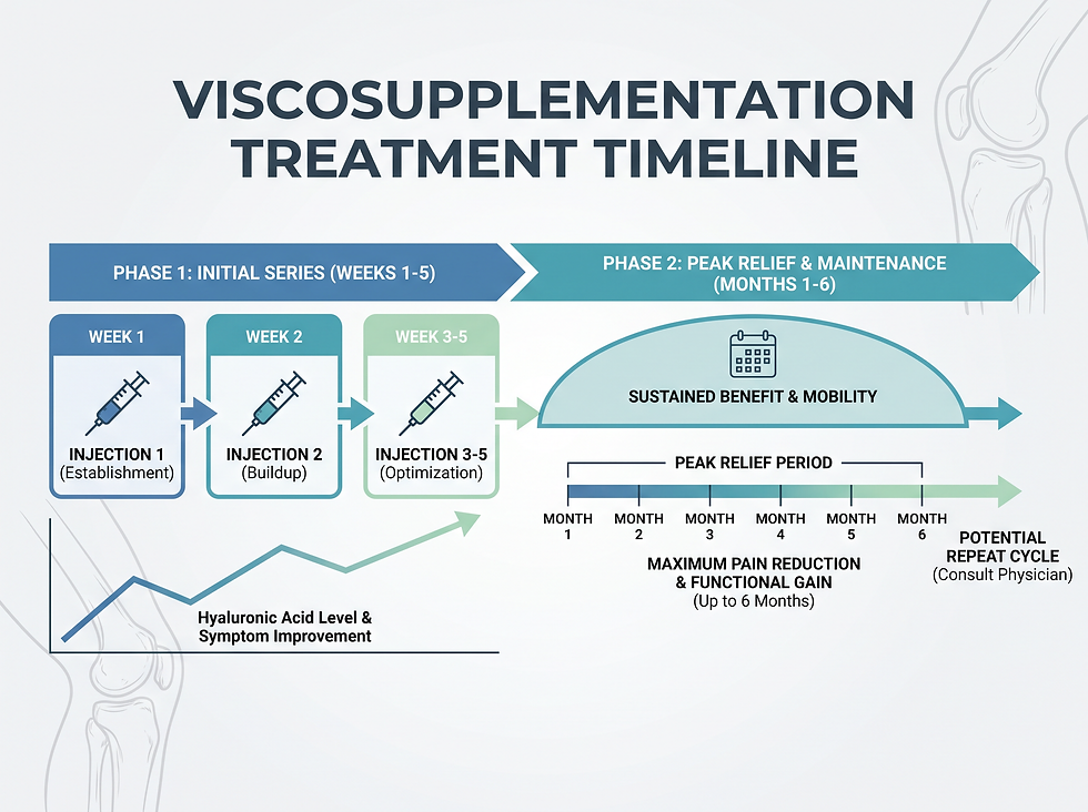 Infographic of the viscosupplementation treatment timeline, from the initial weekly injection series to the peak relief period at six months