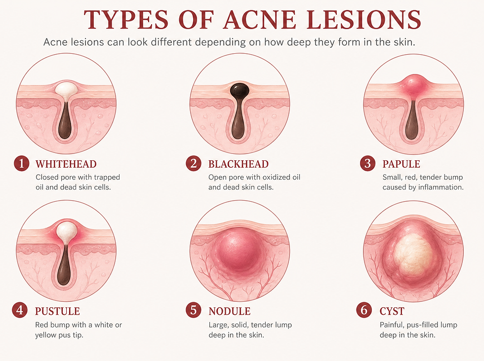 Types of acne lesions compared: whiteheads, blackheads, papules, pustules, nodules, and cystic lesions