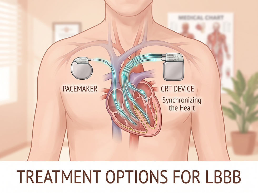 Visual representation of treatment options for LBBB, including a pacemaker and a cardiac resynchronization therapy (CRT) device