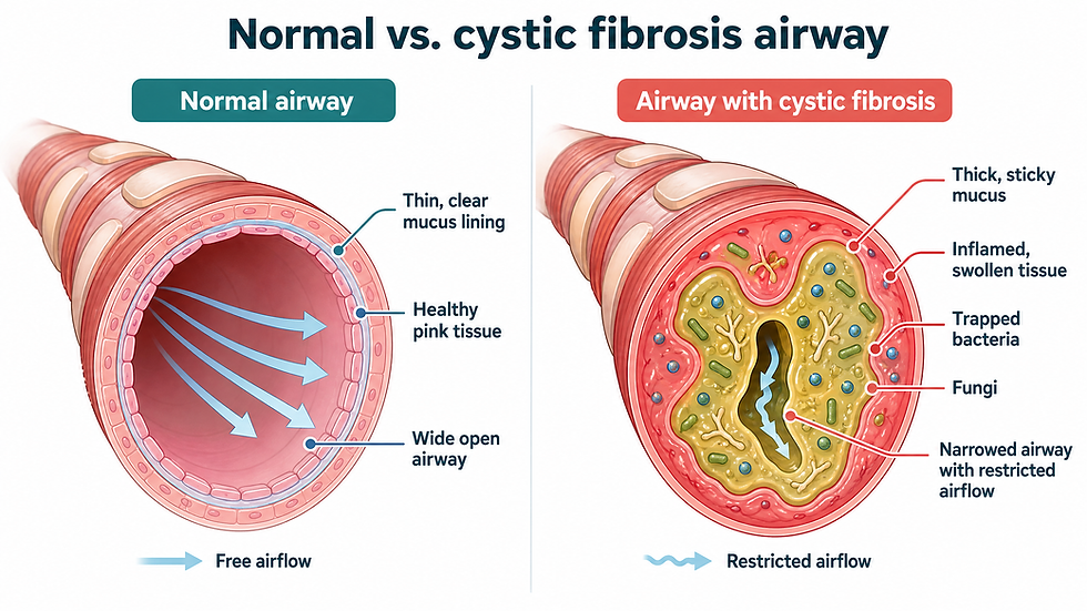 Side-by-side medical diagram comparing a normal airway with free airflow and thin mucus against a cystic fibrosis airway clogged with thick sticky mucus, inflamed tissue, and trapped bacteria.