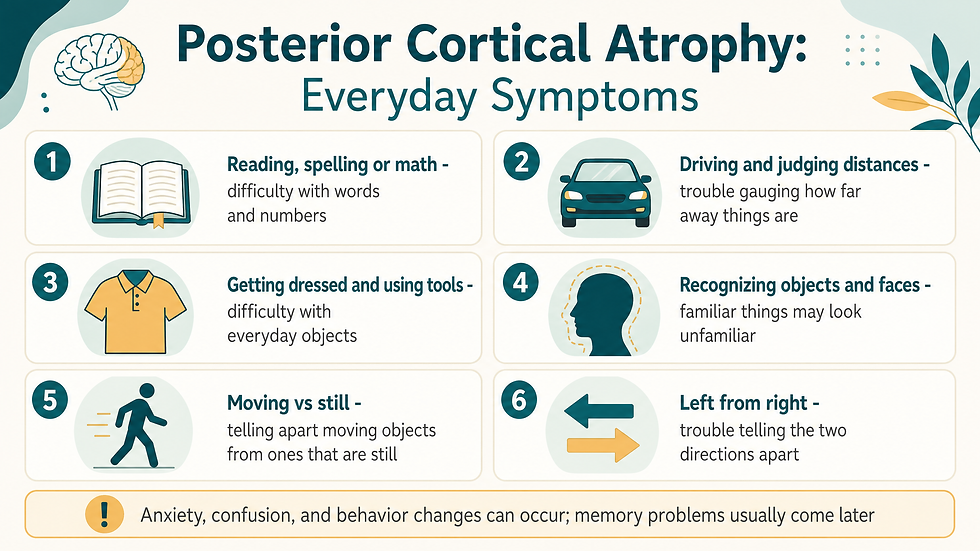 Six everyday symptom cards — trouble reading, spelling or doing math; difficulty driving and judging distances; trouble getting dressed and using everyday tools; difficulty recognizing objects and familiar faces; trouble telling moving objects from still ones; and difficulty telling left from right — with a note that anxiety, confusion, and behavior changes can occur while memory problems usually come later