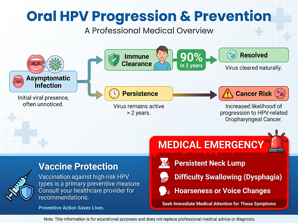 Oral HPV progression from asymptomatic infection to immune clearance or persistence and cancer risk, with vaccine protection and emergency warning signs