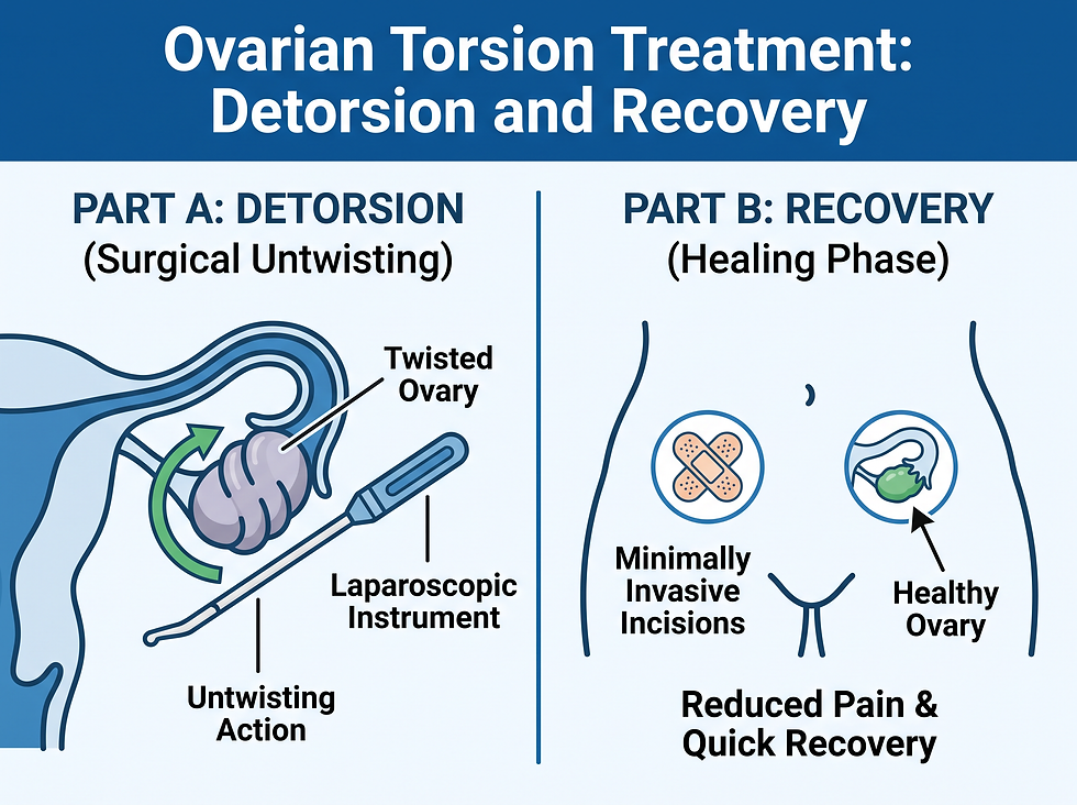 Ovarian torsion treatment: laparoscopic detorsion to untwist the ovary, followed by recovery with minimally invasive incisions and a healthy ovary