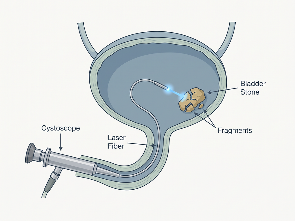 Cystolitholapaxy procedure overview: a cystoscope and laser fiber breaking a bladder stone into fragments