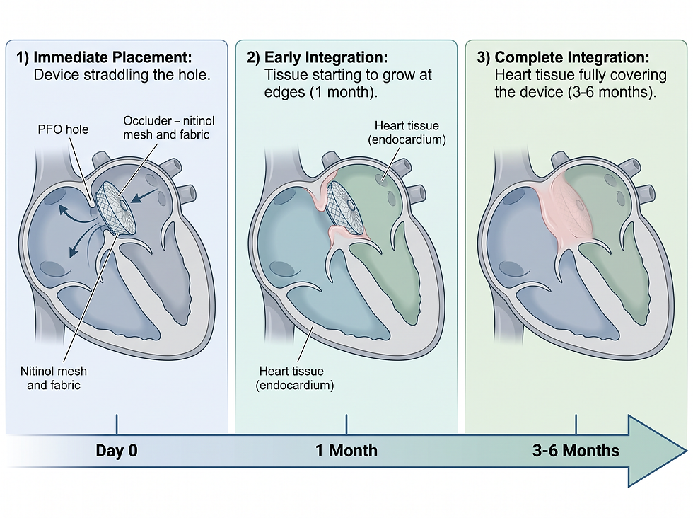 Timeline of PFO closure device integration: immediate placement, early tissue growth at one month, and complete integration at three to six months