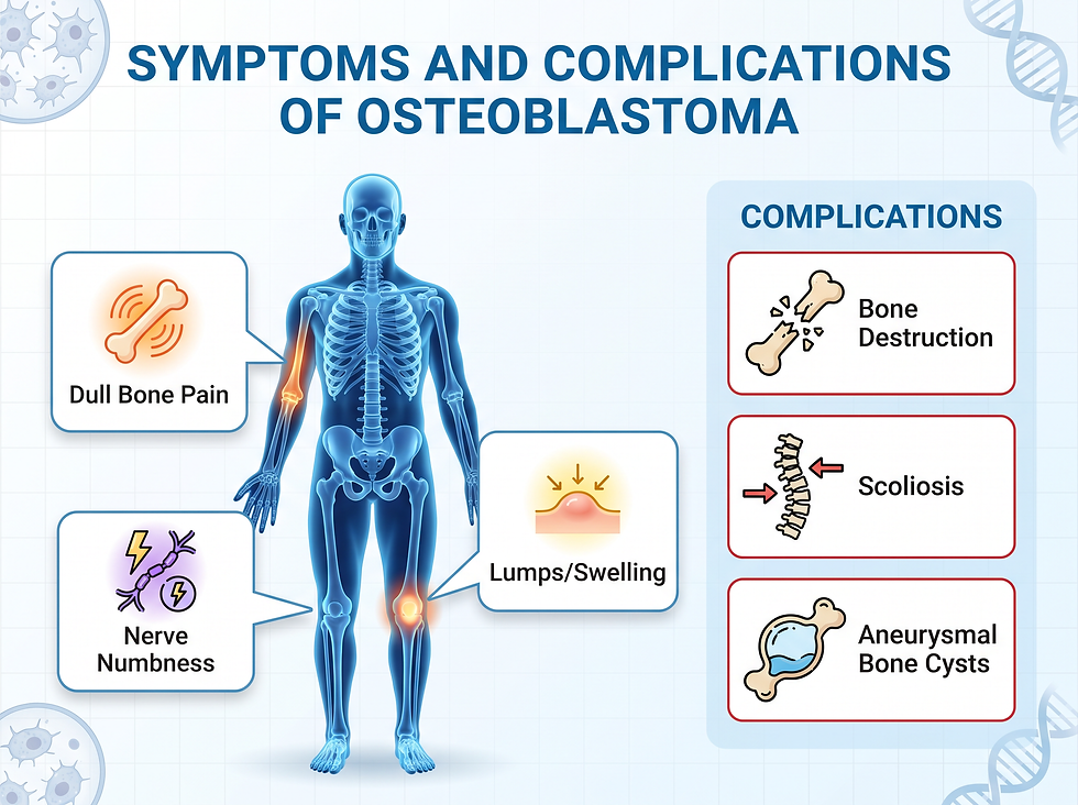 Symptoms and complications of osteoblastoma including dull bone pain, nerve numbness, swelling, bone destruction, scoliosis and aneurysmal bone cysts