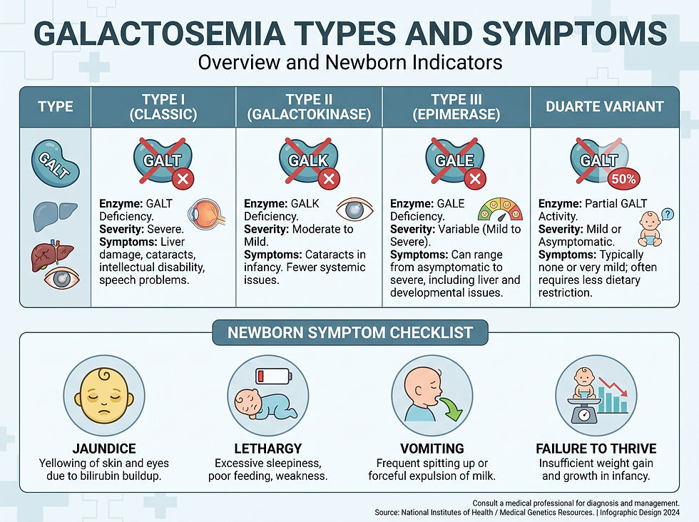 Galactosemia Types and Newborn Symptoms: Type I, II, III, and Duarte comparison with symptom checklist