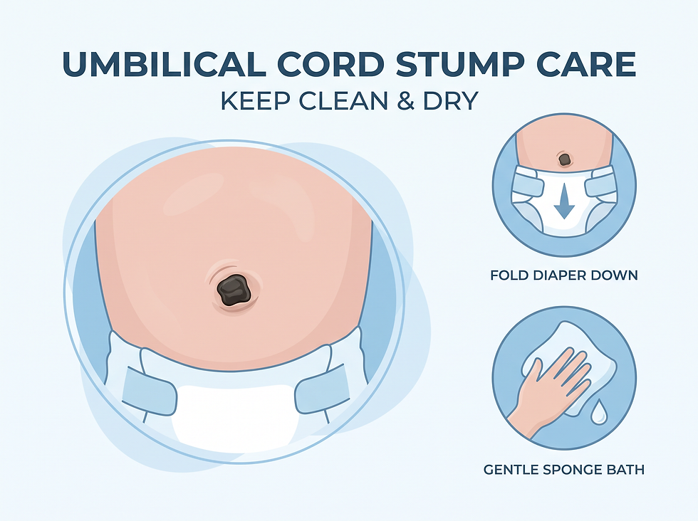 Illustration of newborn umbilical cord stump care, showing a close-up of the stump, folding the diaper down below it, and a gentle sponge bath