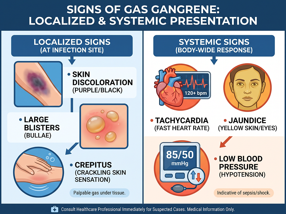 Signs of gas gangrene: localized signs such as skin discoloration, large blisters and crepitus, and systemic signs such as tachycardia, jaundice and low blood pressure