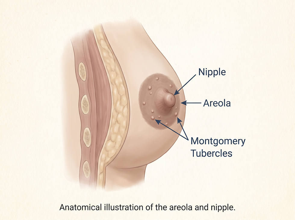 Anatomical illustration of the areola and nipple with labels for the nipple, areola, and Montgomery tubercles.