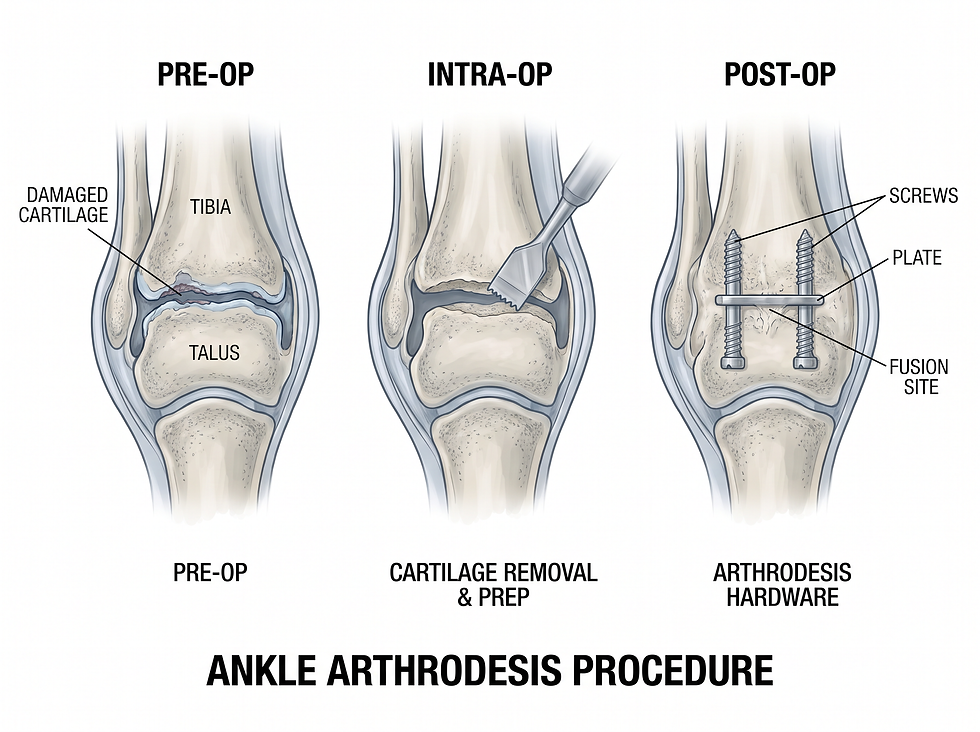 Ankle arthrodesis procedure: pre-op damaged cartilage, cartilage removal and preparation, and post-op screws and plate at the fusion site