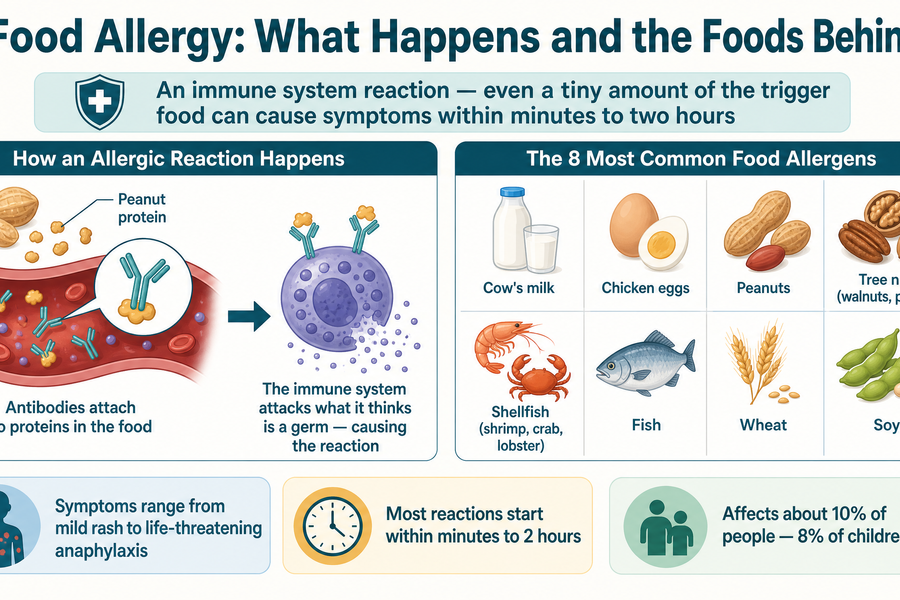 Food allergy overview: how reactions happen and the most common trigger foods. Eight foods account for most reactions, and severity ranges from mild rash to life-threatening anaphylaxis.