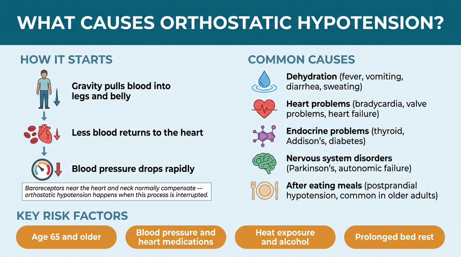 Causes and risk factors of orthostatic hypotension, including dehydration, heart problems, endocrine and nervous system disorders, and medications