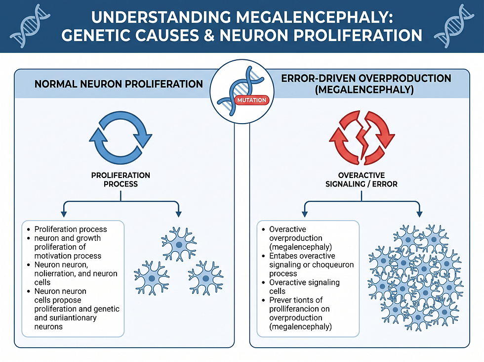 An educational infographic explaining the genetic basis of megalencephaly, illustrating how neuron proliferation errors lead to increased brain mass and its association with other syndromes.
