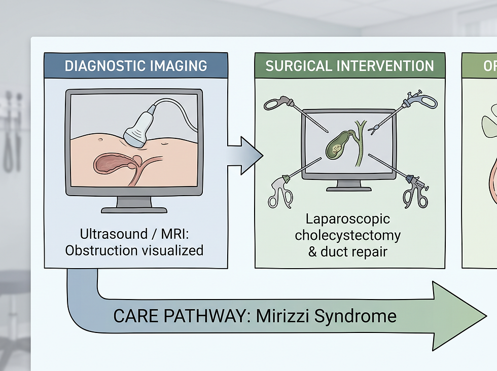 Clinical care pathway for Mirizzi Syndrome, illustrating the transition from diagnostic imaging to surgical gallbladder removal and duct repair.