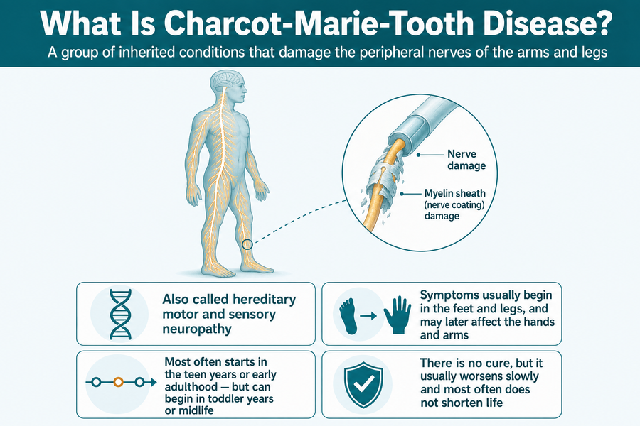 What Charcot-Marie-Tooth disease is: overview of nerve damage in the arms and legs, affecting both nerve fibers and their myelin sheath