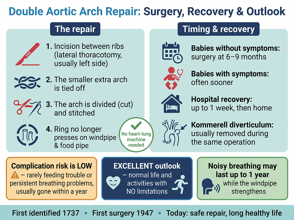 Infographic titled Double Aortic Arch Repair: Surgery, Recovery and Outlook showing four surgical steps, timing for babies with and without symptoms, up to one week in hospital, low complication risk, and an excellent outlook with no limitations