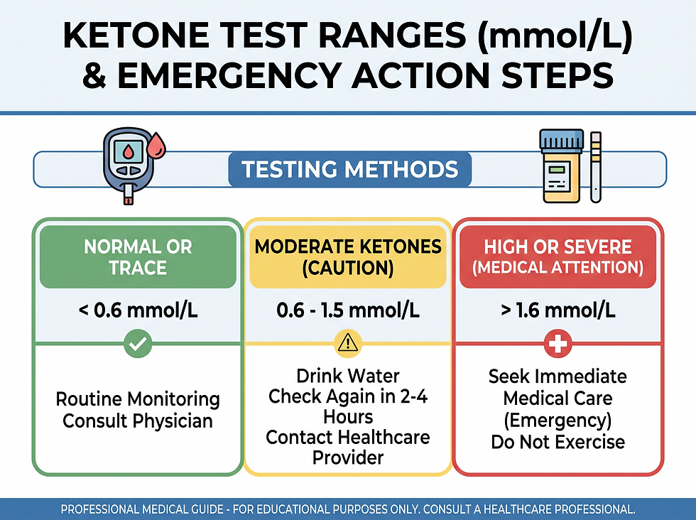 Visual guide summarizing ketone test ranges and emergency action steps