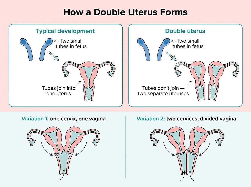 Double uterus anatomy: how a double uterus forms during fetal development and how it may appear with one or two cervices and a divided vagina