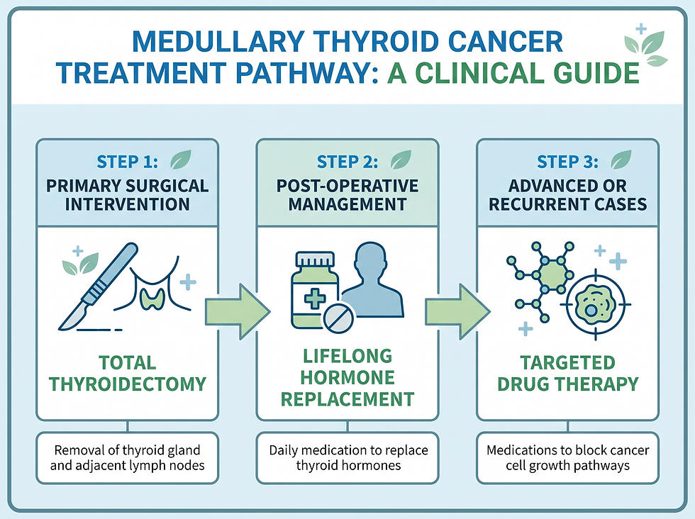 A clinical infographic detailing the treatment pathway for medullary thyroid cancer, including total thyroidectomy, lifelong hormone replacement, and targeted drug therapies.