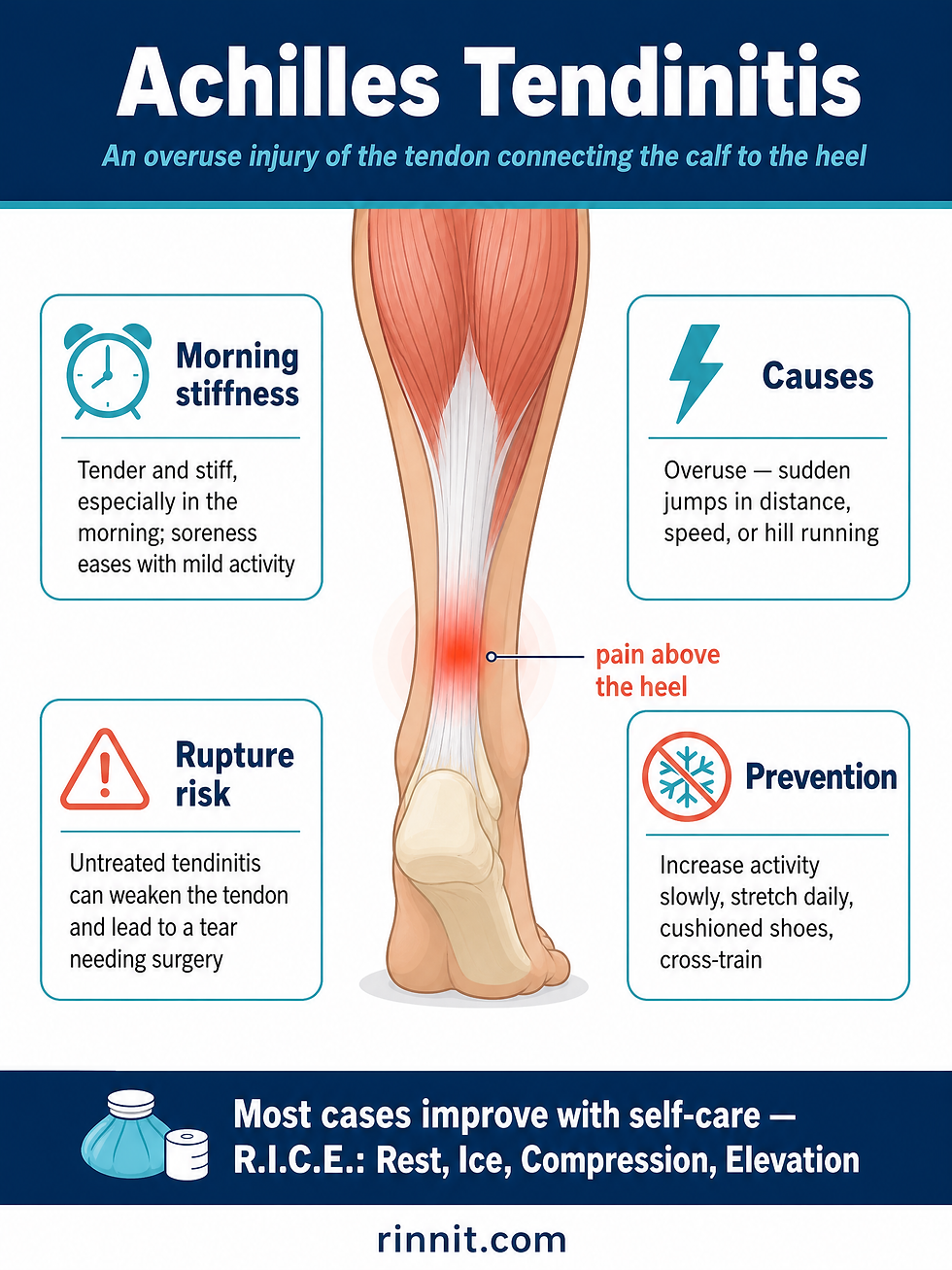 Achilles tendinitis overview infographic showing the inflamed tendon above the heel, morning stiffness, causes, rupture risk, prevention tips, and the R.I.C.E. self-care method.