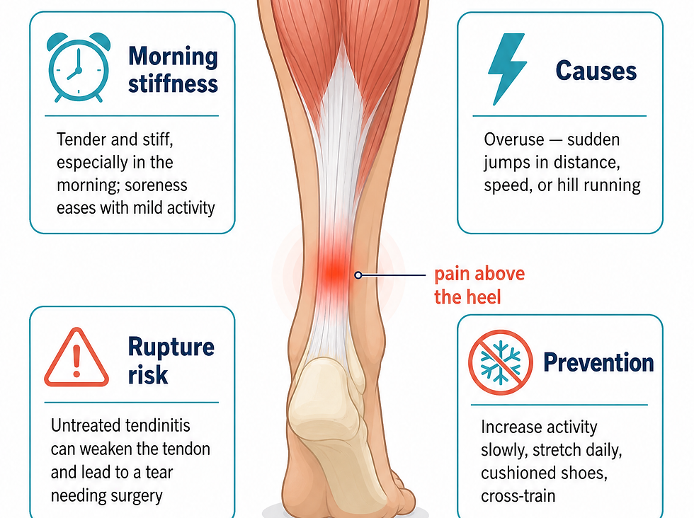 Achilles tendon rupture overview infographic showing the pop and sharp pain, peak risk ages, the act-fast warning, the surgery vs. nonsurgical choice, and the recovery timeline