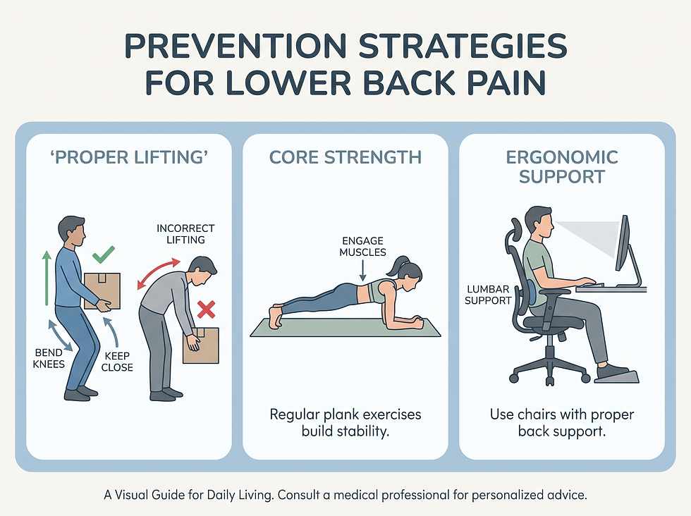 A professional medical visual guide showing prevention strategies for lower back pain, including proper lifting techniques, core-strengthening exercises, and ergonomic workspace setups.