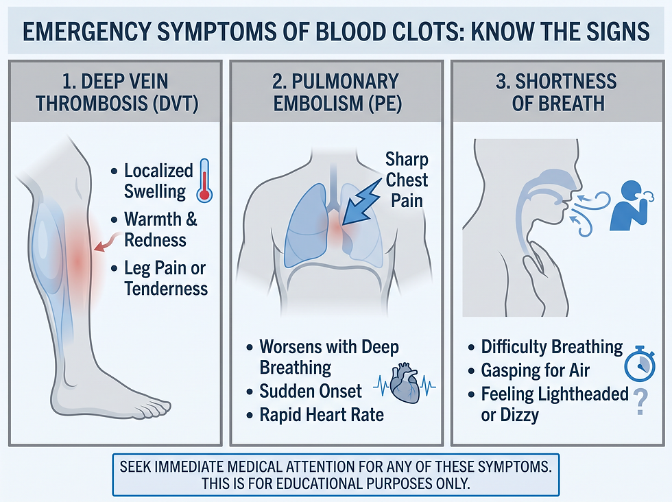 An infographic of emergency blood clot symptoms, including leg swelling, sharp chest pain, and shortness of breath.