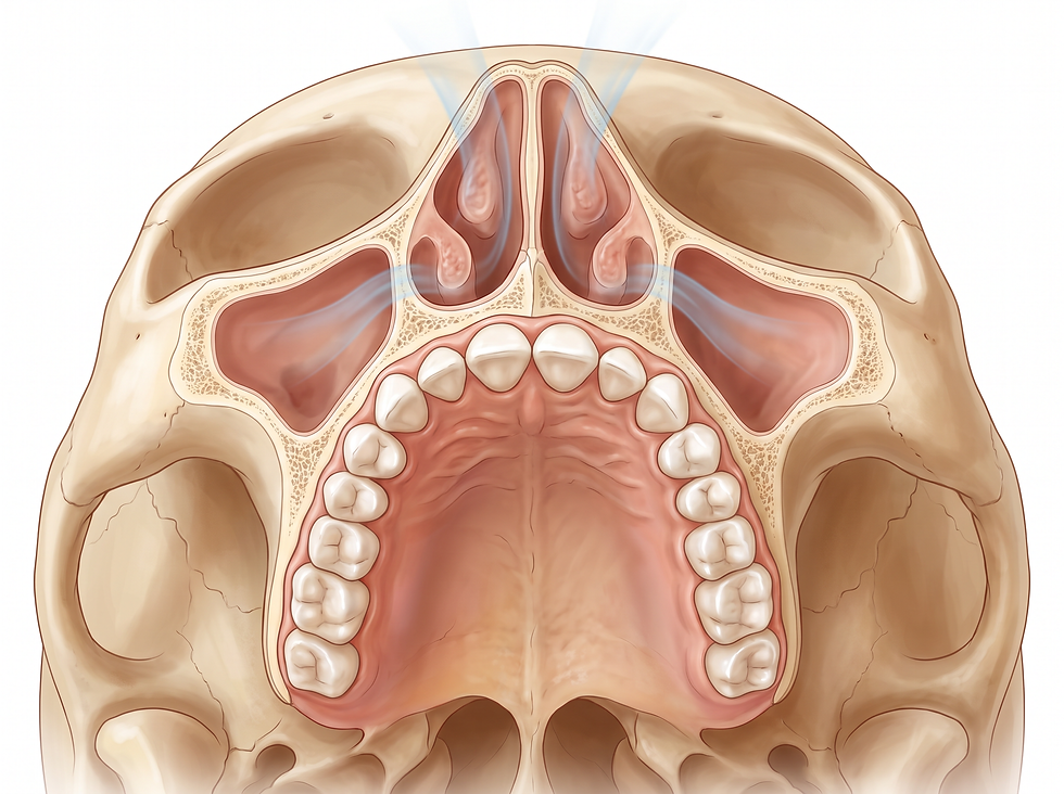 Upper jaw and nasal cavity anatomy showing improved nasal airflow after palatal expansion